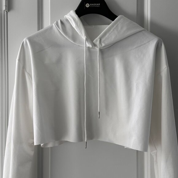 White Cropped Hoodie Long Sleeve Pullover Lightweight Design For Women L - Picture 5 of 6